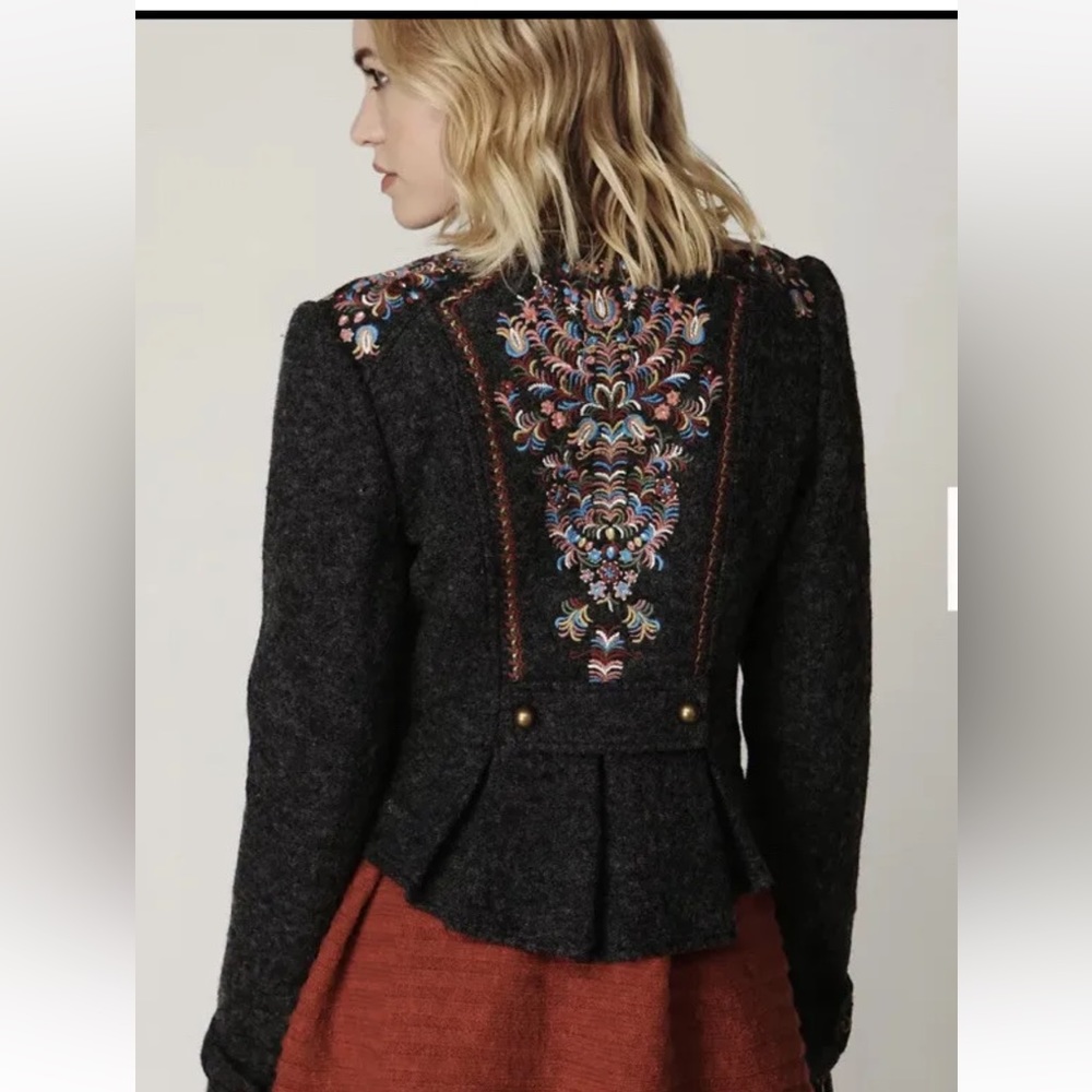 Free People Wool Blend Picchi Bohemian Embroidered Pleated Button Blazer Jacket